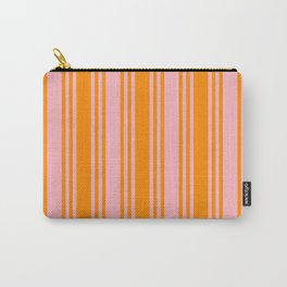 [ Thumbnail: Light Pink and Dark Orange Colored Pattern of Stripes Carry-All Pouch ]