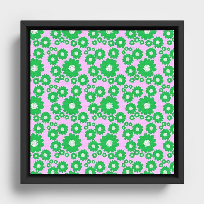 Retro Modern 70’s Green Flowers On Pink Framed Canvas
