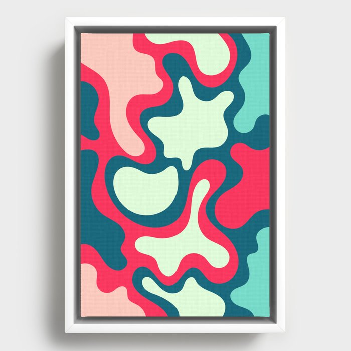 Colorful and Vibrant Fluid Abstract Art In Tropical Blue, Pink, Turquoise Color Palette Framed Canvas