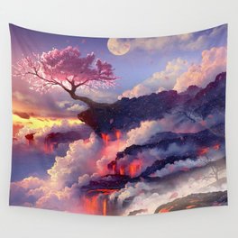 Sakura tree in clouds Wall Tapestry