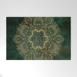 Golden Flower Mandala on Dark Green Welcome Mat