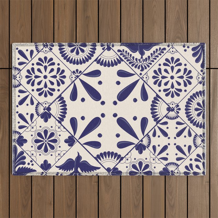 Blue Mexican Talavera Pattern Outdoor Rug