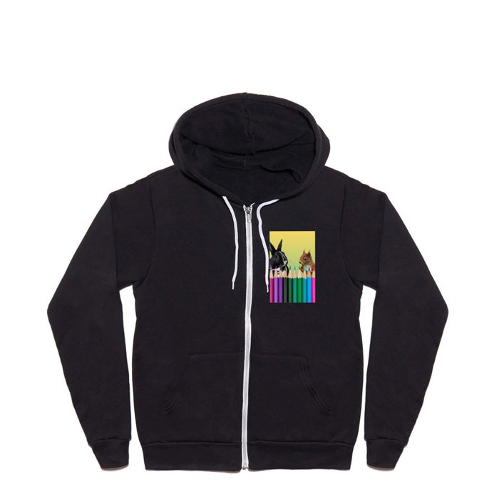 Colored Pencils - Squirrel & black and white Bunny - Rabbit Full Zip Hoodie