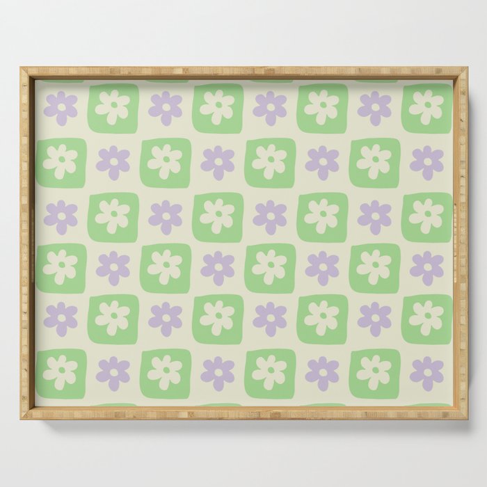 Hand-Drawn Checkered Flower Shapes Pattern Serving Tray