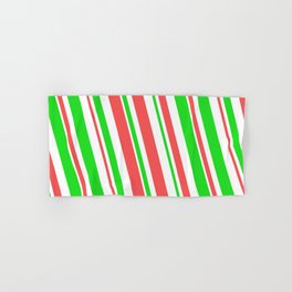 [ Thumbnail: Christmas Style Green, White & Red Colored Stripes/Lines Pattern Hand & Bath Towel ]
