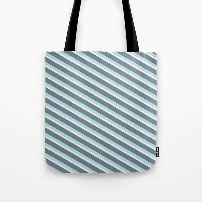 Powder Blue, Beige & Slate Gray Colored Stripes/Lines Pattern Tote Bag