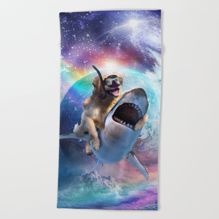 Rainbow Galaxy Golden Retriever Dog Riding Shark Space Beach Towel
