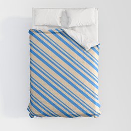 [ Thumbnail: Blue and Bisque Colored Stripes/Lines Pattern Comforter ]