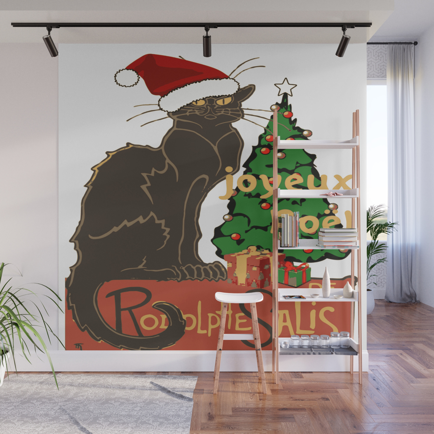 Joyeux Noel Le Chat Noir With Tree And Gifts Wall Mural By Taiche Society6