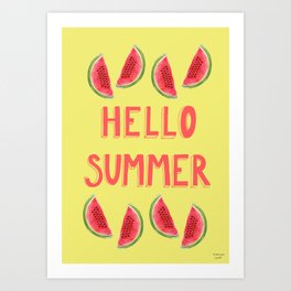 Hello Summer Watercolor Handlettered Painting - Yellow Background Art Print