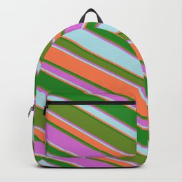 [ Thumbnail: Eyecatching Green, Orchid, Powder Blue, Coral & Forest Green Colored Lined Pattern Backpack ]