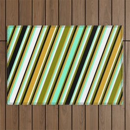[ Thumbnail: Aquamarine, White, Green, Black, and Goldenrod Colored Pattern of Stripes Outdoor Rug ]