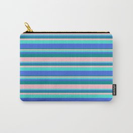 [ Thumbnail: Turquoise, Royal Blue, Dark Cyan, and Pink Colored Stripes Pattern Carry-All Pouch ]