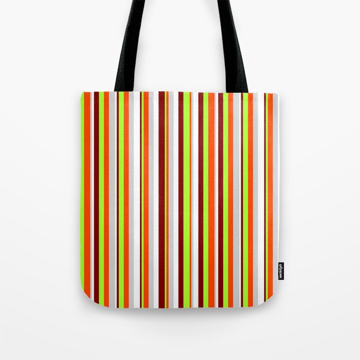 Eye-catching Maroon, Light Green, Red, Light Gray, and White Colored Stripes/Lines Pattern Tote Bag
