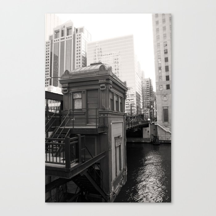 Black and White Chicago River Boat House Photography Canvas Print