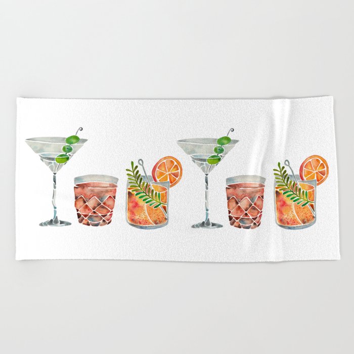 Classic Cocktails  – 1960s Watercolor Lineup Beach Towel