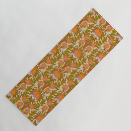 Orange, Pink Flowers and Green Leaves 1960s Retro Vintage Pattern Yoga Mat