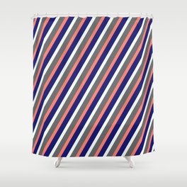 [ Thumbnail: Midnight Blue, Mint Cream, Dim Grey, and Salmon Colored Lined/Striped Pattern Shower Curtain ]