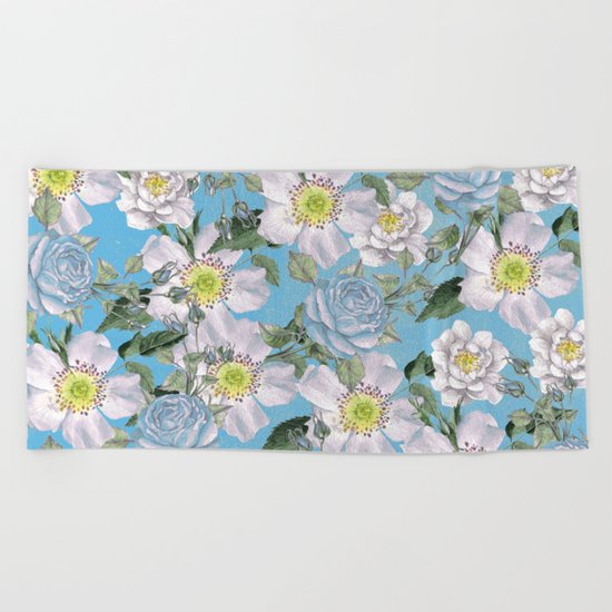 Vintage Rose Pattern Blue Beach Towel