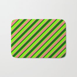 [ Thumbnail: Dark Green, Green & Light Coral Colored Striped Pattern Bath Mat ]