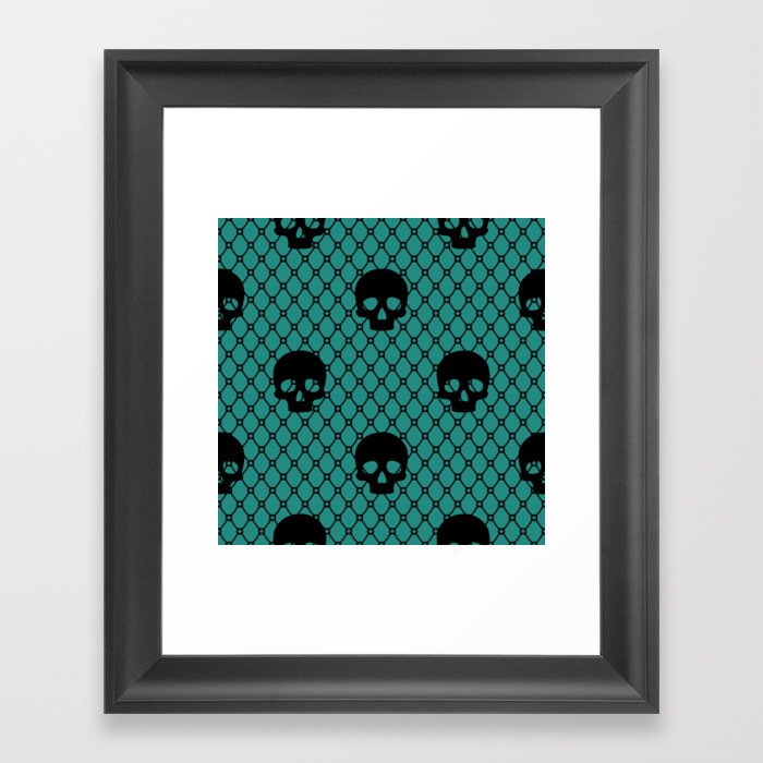 Black skulls Lace Gothic Pattern on Turquoise Green Framed Art Print