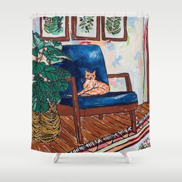 Ginger Cat on Blue Mid Century Chair Painting Shower Curtain