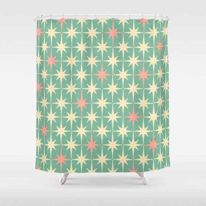 Retro Vintage 50s Stars Pattern in Teal Mint, Pink, and Cream Shower Curtain