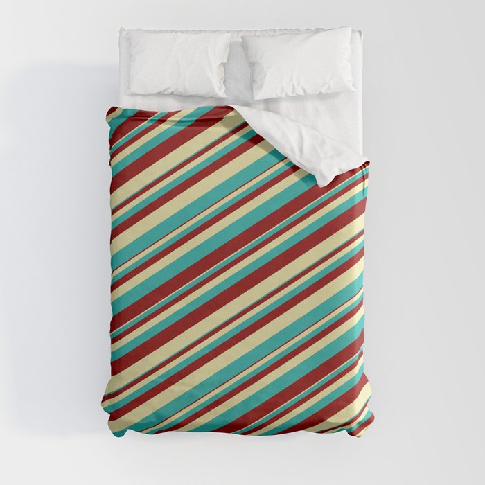 Pale Goldenrod, Light Sea Green, and Dark Red Colored Striped Pattern Duvet Cover