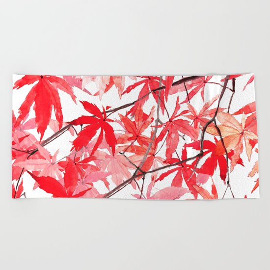 red orange maple leaves watercolor painting 2 Beach Towel