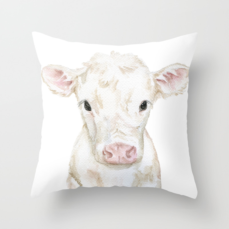 Baby White Cow Calf Watercolor Farm Animal Throw Pillow By