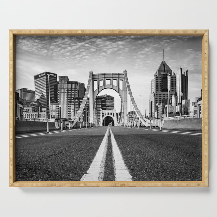 Pittsburgh Pennsylvania Steel City Skyline Black White Print Serving Tray