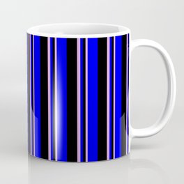 [ Thumbnail: Plum, Black, and Blue Colored Lines Pattern Coffee Mug ]