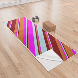 [ Thumbnail: Maroon, Powder Blue, Fuchsia, and Chocolate Colored Pattern of Stripes Yoga Towel ]
