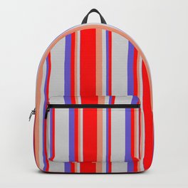 [ Thumbnail: Dark Salmon, Red, Slate Blue & Light Gray Colored Lines Pattern Backpack ]