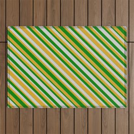 [ Thumbnail: Green, Light Gray, and Goldenrod Colored Striped Pattern Outdoor Rug ]