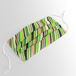 [ Thumbnail: Eyecatching Chartreuse, Light Salmon, Forest Green, Beige & Black Colored Striped/Lined Pattern Face Mask ]