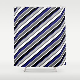 [ Thumbnail: Grey, Dim Grey, White, Black & Midnight Blue Colored Lined Pattern Shower Curtain ]