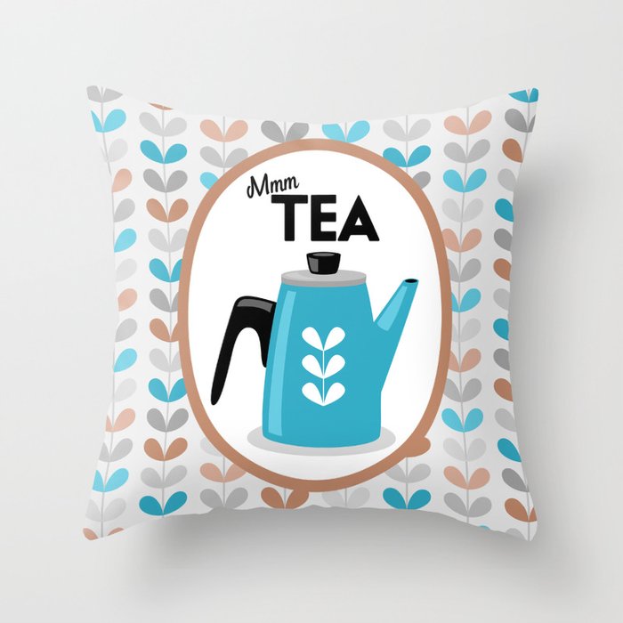 Mid Century Modern Tea Kettle Typography // Terra Cotta, Peach, Gray, Blue, Black and White Throw Pillow