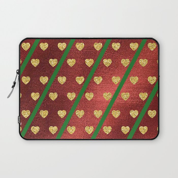 Gold Hearts on a Red Shiny Background with Green Diagonal Lines  Laptop Sleeve