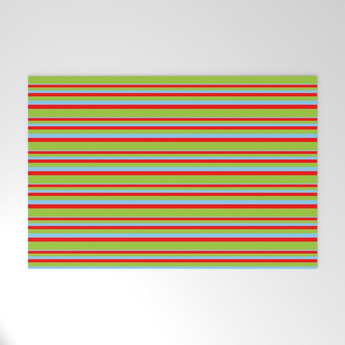 Light Sky Blue, Red & Green Colored Lines/Stripes Pattern Welcome Mat