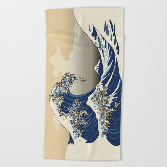 The Great Wave of Pugs Vanilla Sky Beach Towel