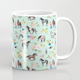Horse and Flower Print, Mint Blue, Pink flowers, Equestrian, Spring Floral Coffee Mug