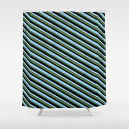 [ Thumbnail: Light Sky Blue, Dark Olive Green, and Black Colored Lines/Stripes Pattern Shower Curtain ]