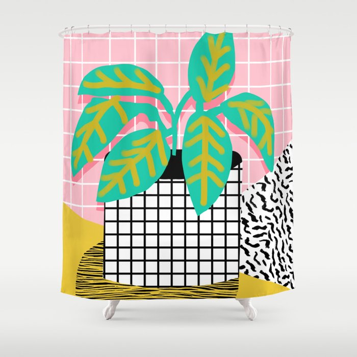 Get Real - potted plant throwback retro neon 1980s style art print minimal abstract grid lines shape Shower Curtain