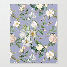 White Flowers Vintage Botanical Illustration Collage on the  light pastel  purple color Canvas Print