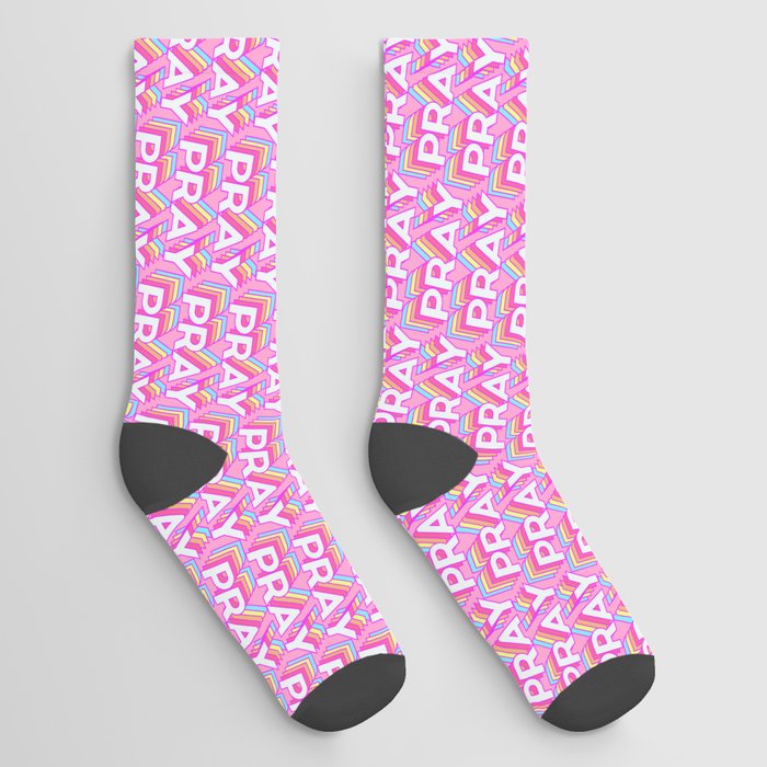 'Pray' Trendy Rainbow Text Pattern (Pink) Socks