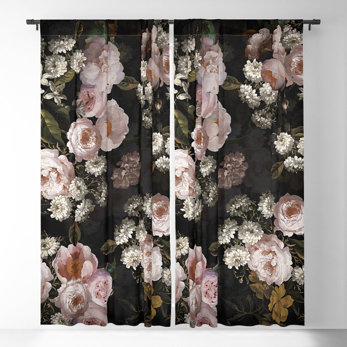 Antique Botanical Roses And  Chamomile Midnight Garden Blackout Curtain