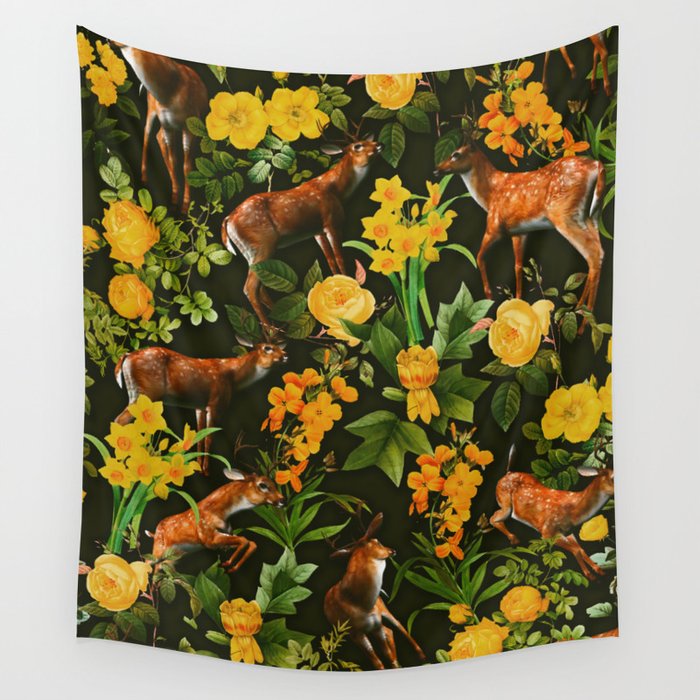 Deer and Floral Pattern Wall Tapestry