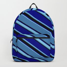 [ Thumbnail: Blue, Black, Dark Blue & Sky Blue Colored Pattern of Stripes Backpack ]