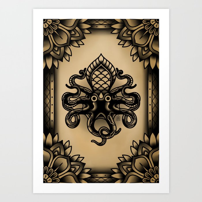 Traditional Tattoo Octopus - BW Art Print